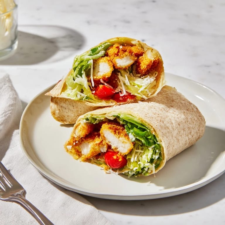 Golden fried chicken strips tossed in sticky spicy hot honey nestled inside a soft tortilla with Caesar salad and Parmesan.  