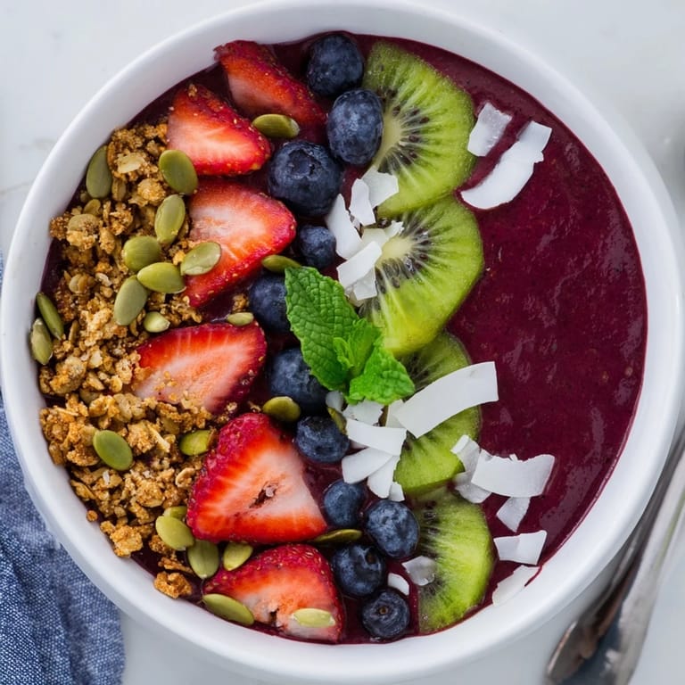 Enjoy this colorful Beet and Berry Smoothie Bowl, perfect for breakfast.