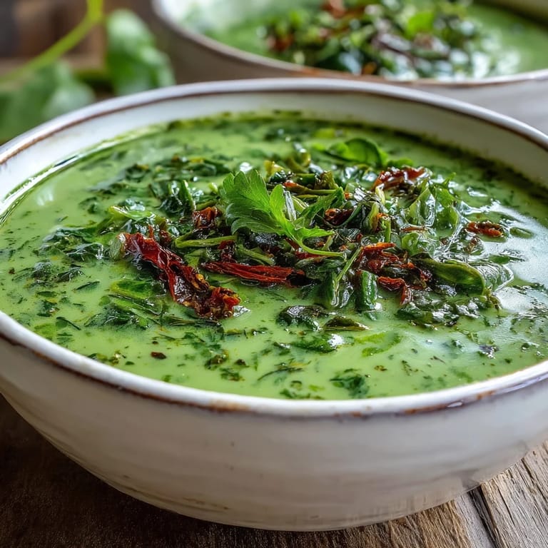 A vibrant green Spinach Coriander Lemongrass Soup simmering in a pot with a wooden ladle nearby.