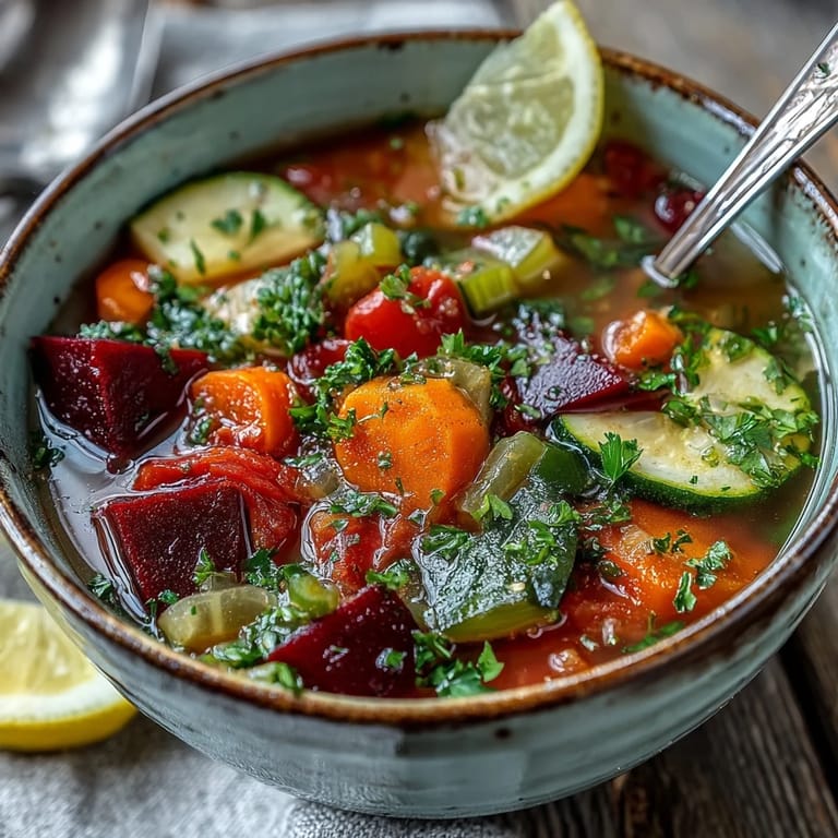 Steam rises from this nutrient-rich Rainbow Vegetable Detox Soup, featuring diced tomatoes and red onion for a satisfying lunch.