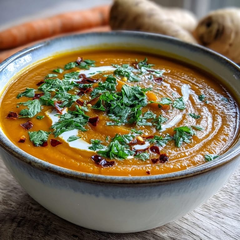 Hearty Carrot, Celeriac and Chilli Soup in a rustic bowl, highlighting the vibrant orange hue and garnishes.
