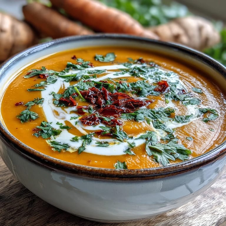 Steaming pot of Carrot, Celeriac and Chilli Soup featuring sautéed onions, carrots, and spices for garnish.