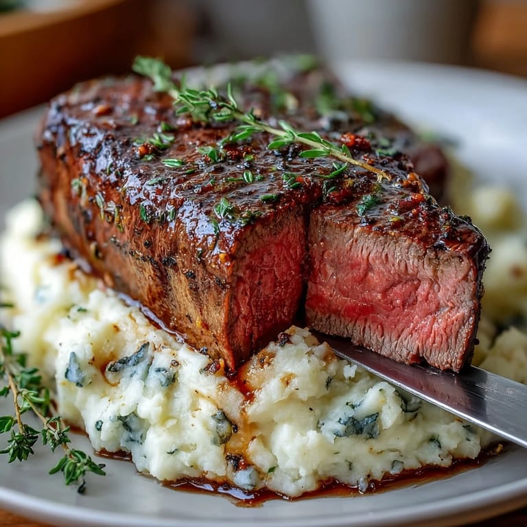 Golden-brown venison steaks garnished with fresh thyme, set atop fluffy swede mash speckled with toasted caraway seeds on a rustic plate.  