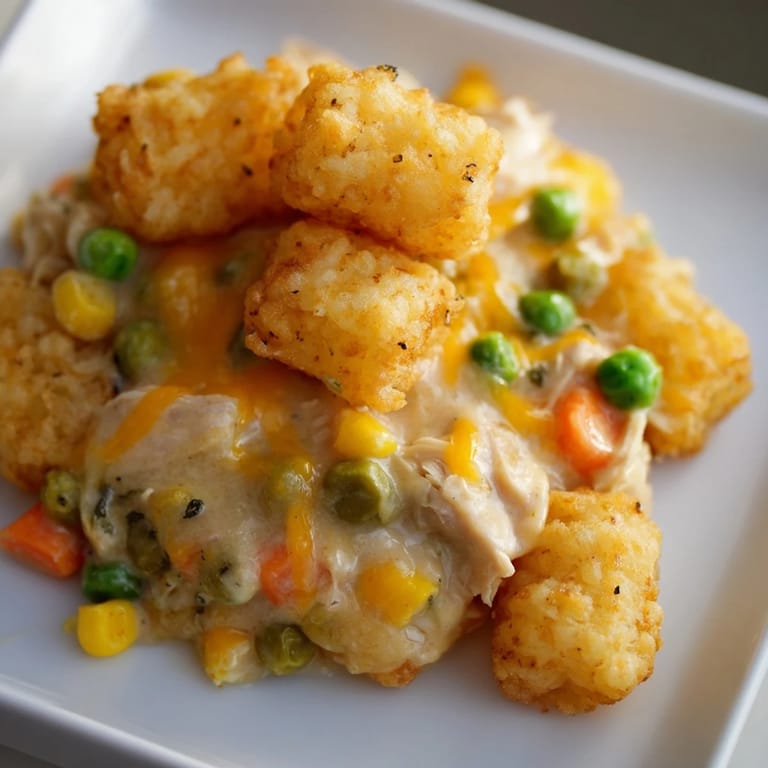 Creamy, savory Tater Tot Chicken Pot Pie: imagine the steam rising from this delicious baked dish.