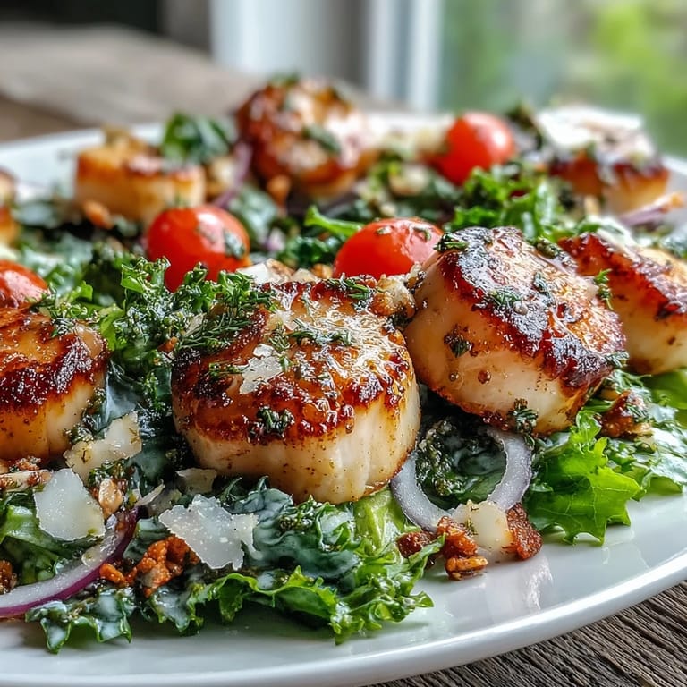 Plump, perfectly seared scallops topped with shaved Parmesan and pine nuts sit atop an escarole salad in a white ceramic serving dish.