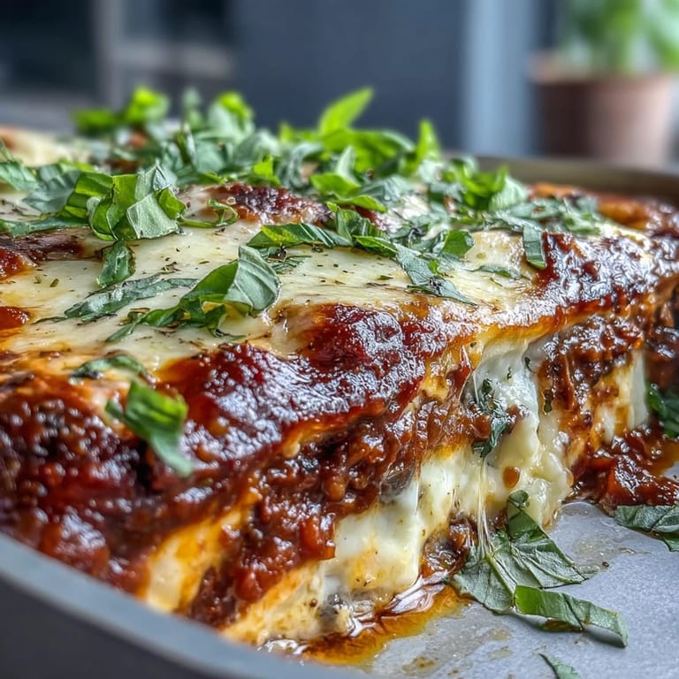 A rustic serving of One-Pan Smoky Veggie Lentil Lasagne with a green salad and crusty bread.