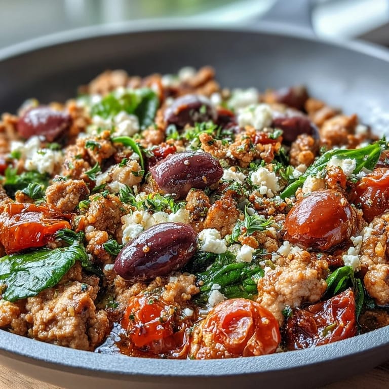 In a large skillet, Mediterranean Keto Ground Chicken with spinach, tomatoes, and olives is ready to serve, garnished with feta and lemon juice.