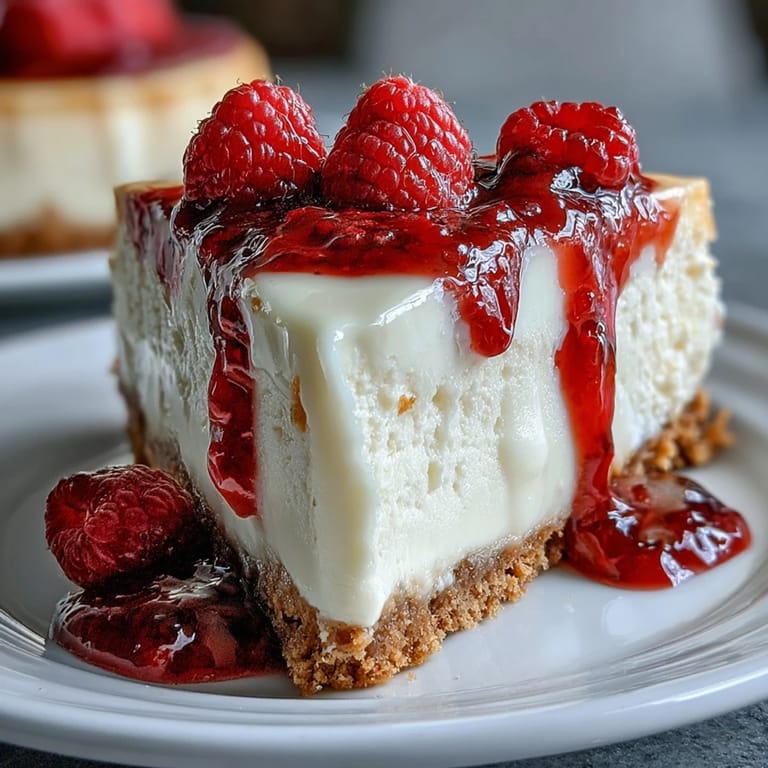 Close-up view of white chocolate raspberry cheesecake filling with tangy fruit swirls and a crumbly crust, highlighting the rich ingredients and elegant dessert presentation.