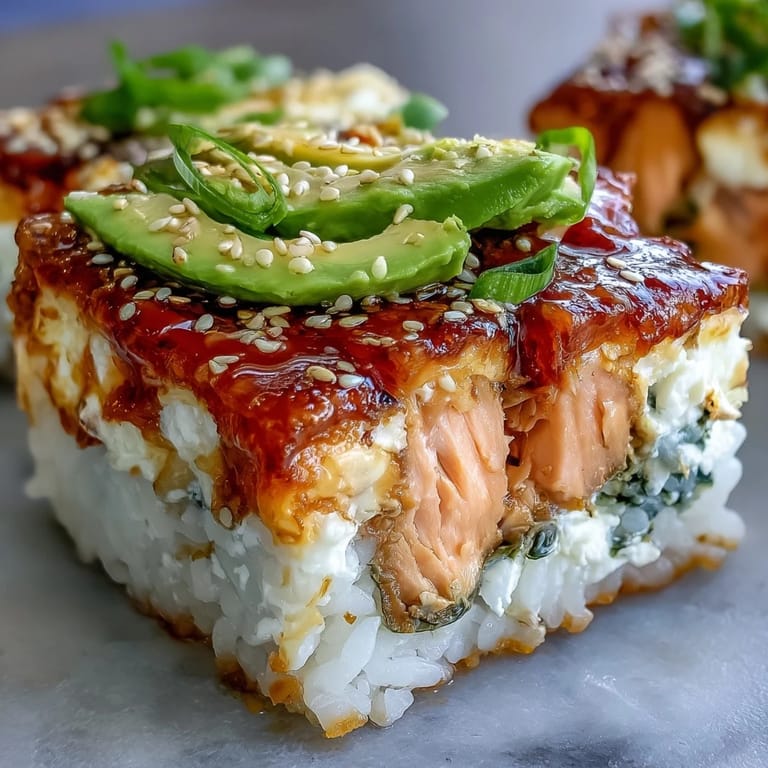 Golden bubbling cheesy spicy salmon sushi bake topped with green onions and avocado, ready to scoop with seaweed snacks.