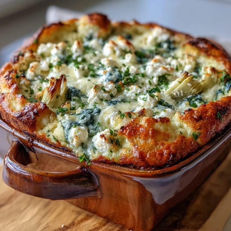 Creamy High Protein Spinach Artichoke Bake in a white dish, flecked with green spinach and chopped artichoke hearts.