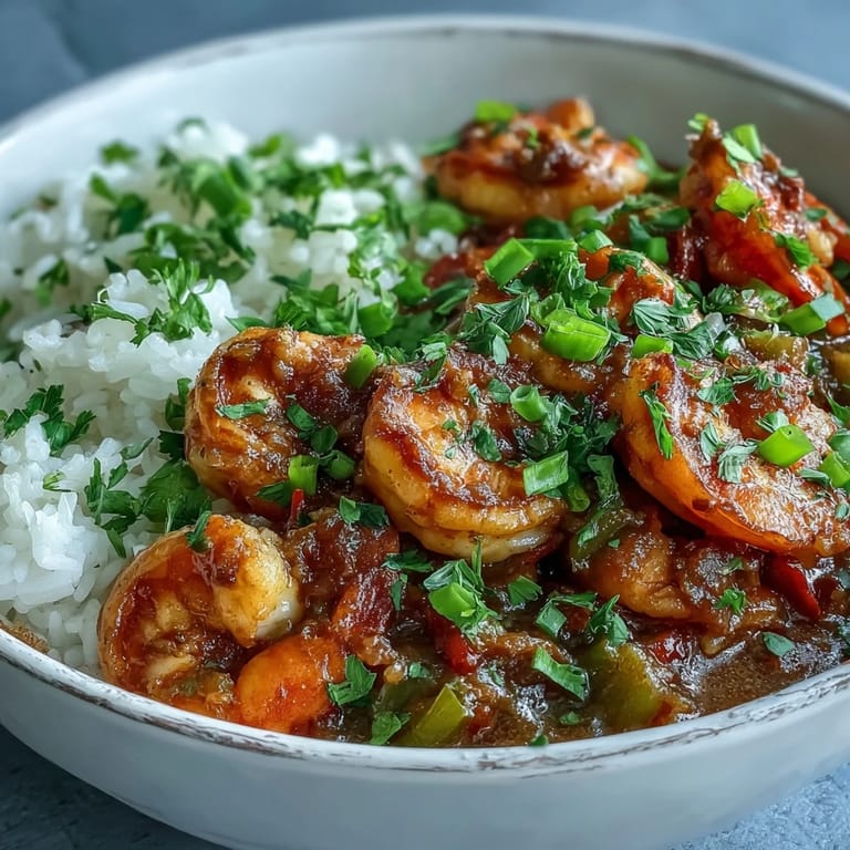Classic New Orleans Étouffée showcases tender shrimp and aromatic trinity vegetables simmered in a creamy, dark roux sauce, served over a bed of steaming white rice.  