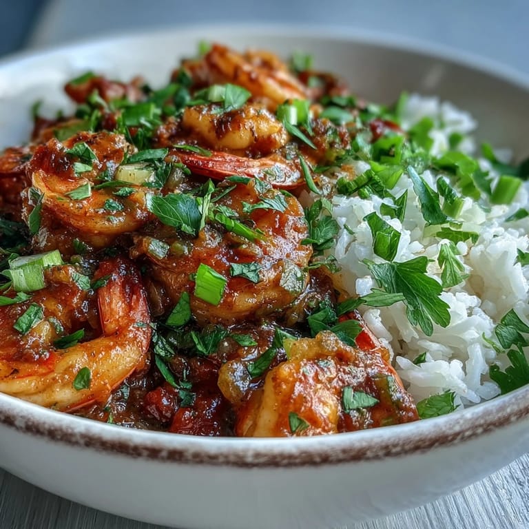 A close-up view of Classic New Orleans Étouffée reveals succulent shrimp nestled in a thick, brown gravy flecked with green onions and parsley, perfect over rice.