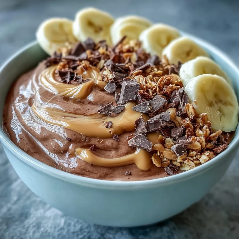 Stir a drizzle of peanut butter into this frosty chocolate peanut butter smoothie bowl before digging into the rich toppings.