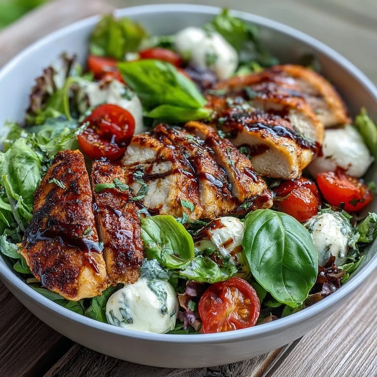 Tangy balsamic glaze drizzled over a Caprese Chicken Bowl with basil.