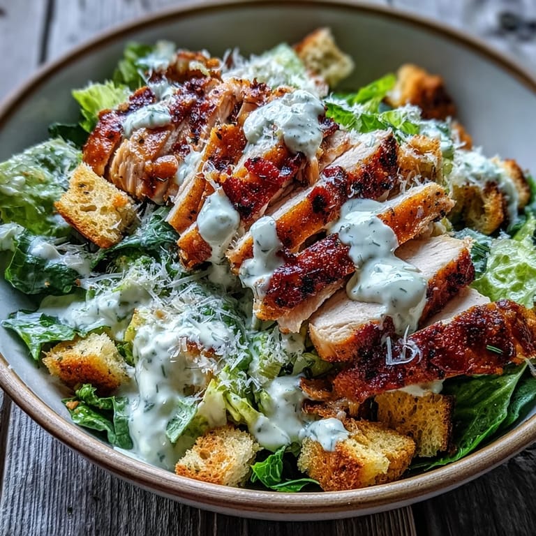 A fork lifts a bite of the Caesar Chicken Bowl, showing juicy chicken and creamy dressing coating the bright lettuce.