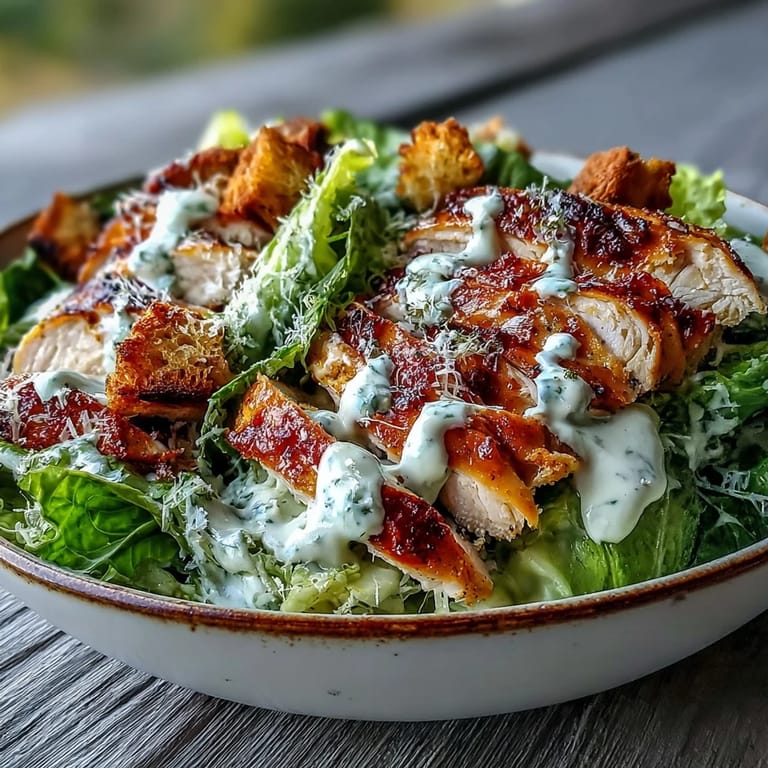 The Caesar Chicken Bowl is served in a white bowl, with parmesan shavings and crunchy croutons scattered on top.