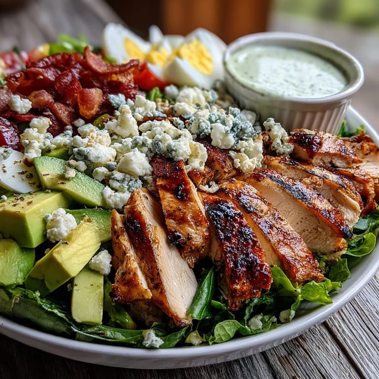 Hearty Cobb salad bowl drizzled with creamy ranch and topped with crumbled blue cheese.