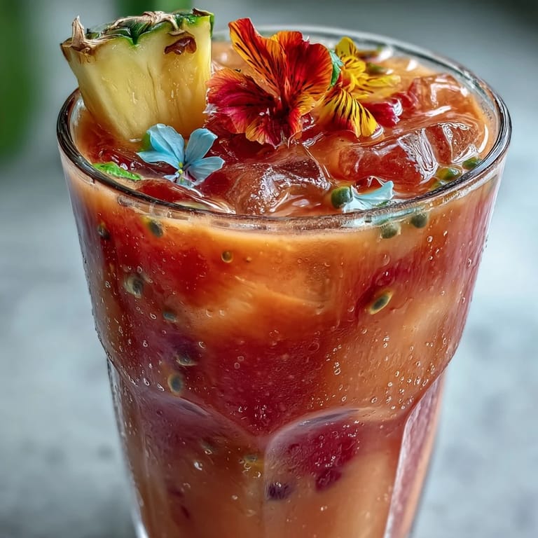 Two glasses of homemade Iced Guava Passionfruit Drink, layered with coconut milk and tropical juices, ready to sip on a sunny patio table.