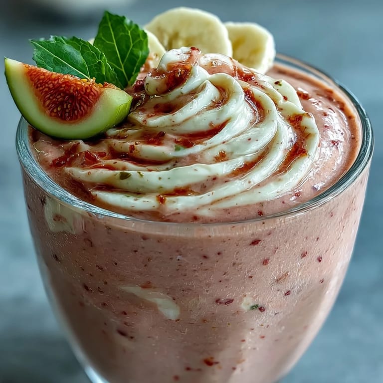 Blended Guava Banana Smoothie over ice in a tropical setting, perfect for breakfast refreshment.