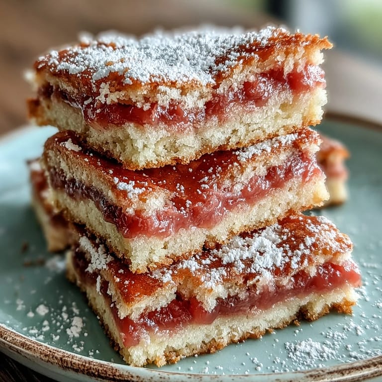 Freshly baked Guava Cake Bars with buttery pastry, partially cut to show the vibrant pink guava interior.