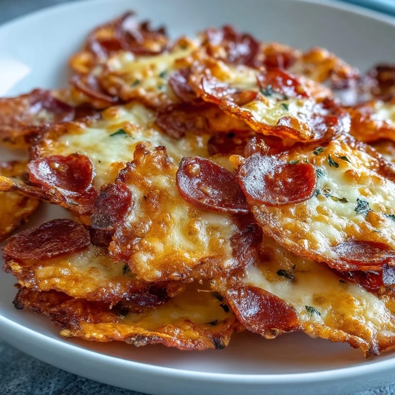 A close-up of Pepperoni Cheese Crisps garnished with fresh parsley, highlighting the delicious texture of melted mozzarella and cheddar.
