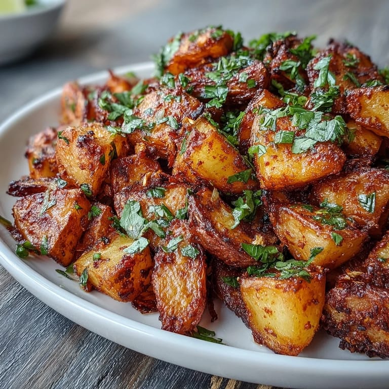 Skillet of Spicy Mexican-Style Street Potatoes topped with lime and cilantro, ready to serve hot.