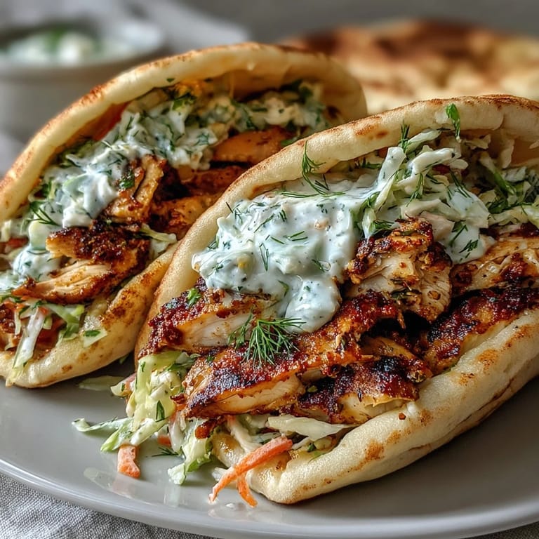 Flavor-Packed Chicken Pitas with Creamy Herby Ranch Slaw, topped with crisp slaw and fresh herbs on a sunny plate.