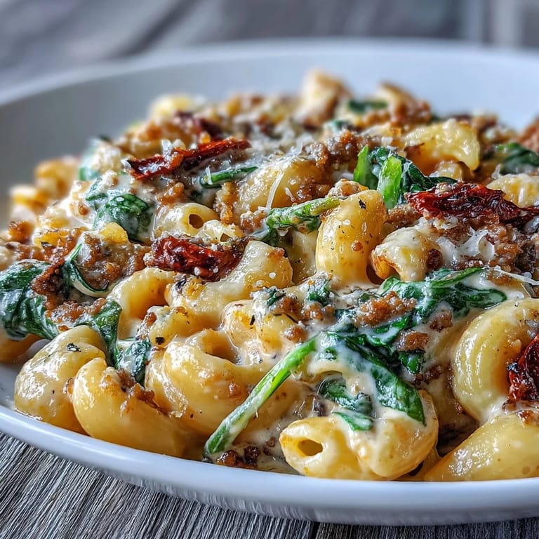 Close-up of Creamy Tuscan Chili Mac with sun-dried tomatoes and pasta in rich sauce.