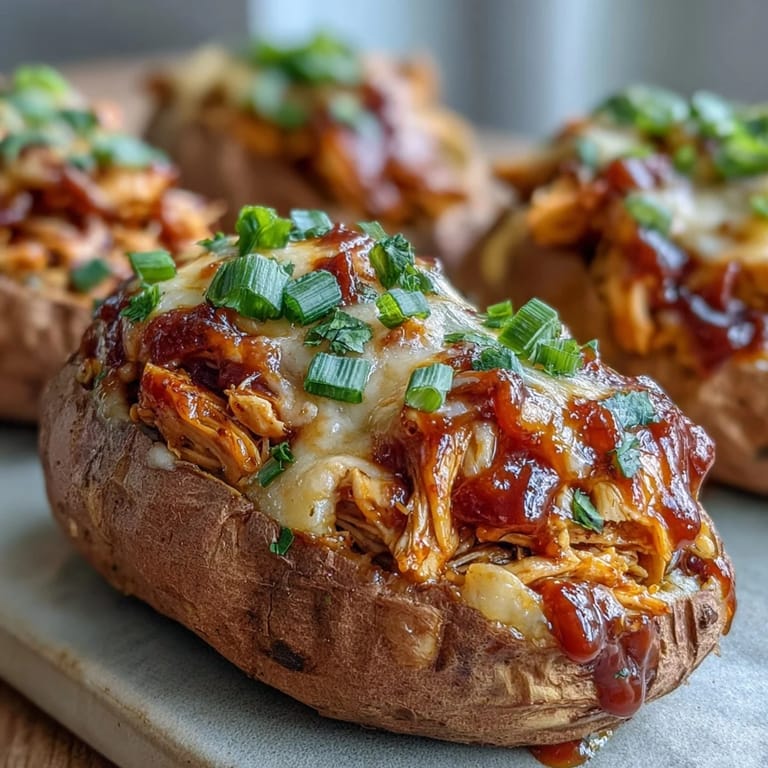 Stuffed sweet potatoes topped with melty cheddar and fresh green onions on a rustic plate.