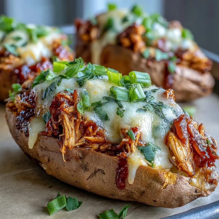Tender honey BBQ chicken stuffed inside fluffy sweet potatoes, garnished with cilantro and served hot.