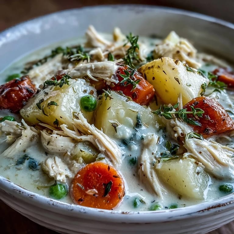 A rich, chunky Creamy Chicken Pot Pie Soup ladle filled with shredded chicken, carrots, peas, and potatoes.