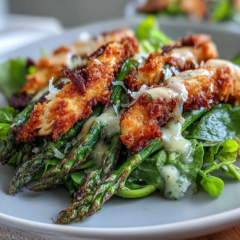 Crunchy Parmesan-crusted asparagus meets tender chicken and leafy greens, all dressed in a zesty homemade lemon vinaigrette.