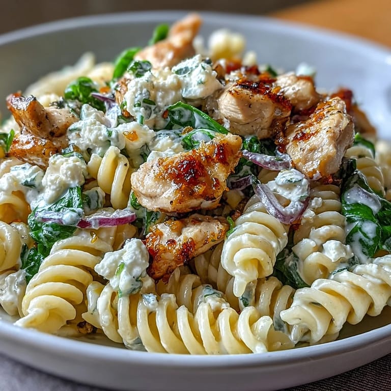 Sizzling Greek Chicken Feta Pasta Skillet is served with a golden spoonful of pasta, spinach, and tangy feta ready to eat.
