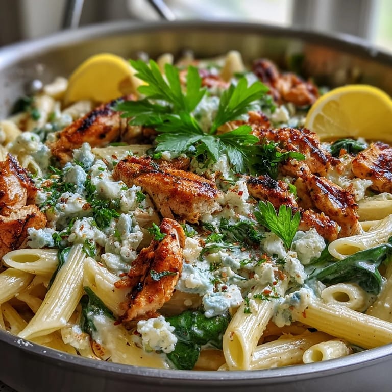 Golden chicken and penne pasta in a Greek Chicken Feta Pasta Skillet, garnished with fresh parsley and lemon wedges.
