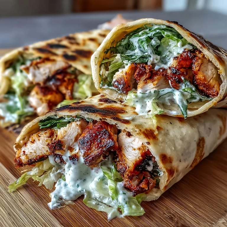 Golden-brown garlic naan wraps stuffed with grilled chicken, crisp romaine, and creamy Caesar salad, garnished with Parmesan.