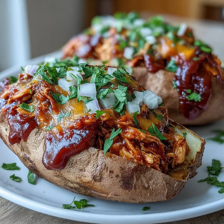 Savory honey BBQ chicken stuffing spills from tender sweet potato skins, garnished with fresh cilantro and a dollop of sour cream.