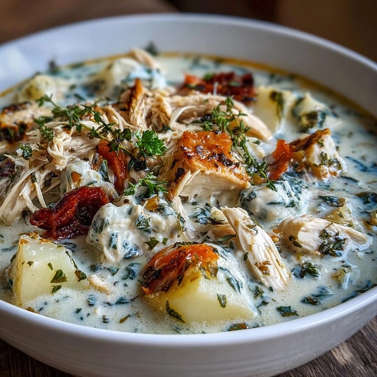 Creamy Chicken Pot Pie Soup with shredded rotisserie chicken, carrots, and peas in a rustic Dutch oven.