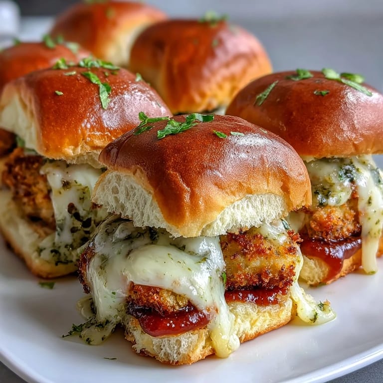 Close-up of Pesto Chicken Parmesan Sliders revealing juicy chicken, vibrant green pesto, and gooey mozzarella inside.