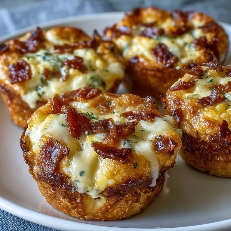 Freshly baked Ranch & Cheddar Egg Muffin Cups studded with bacon crumbles and green onions, served warm on a rustic plate.