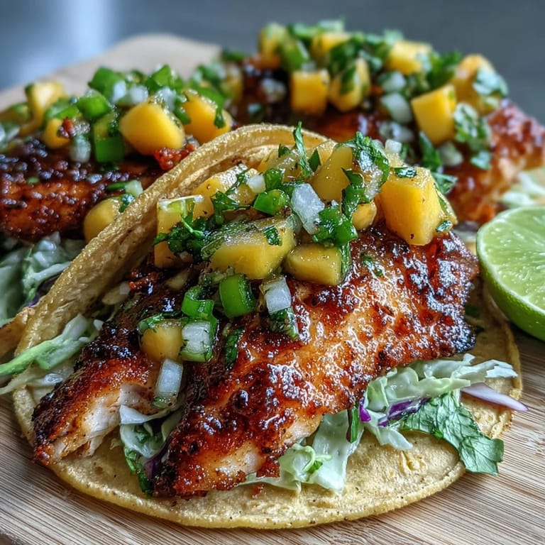 Mango salsa tilapia tacos feature bright citrus notes and fresh cilantro, served with lime wedges for extra zest.