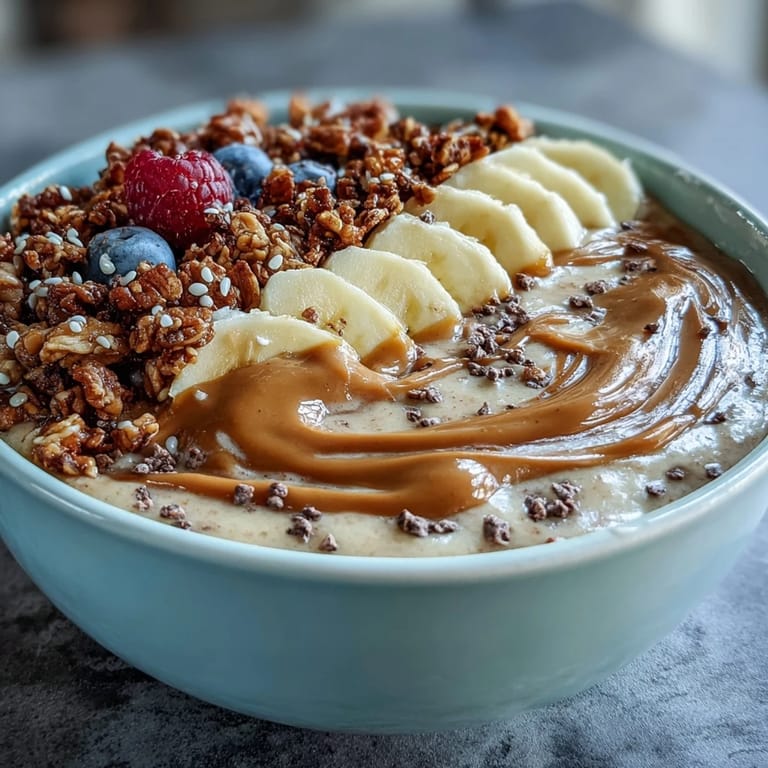 Enjoy this protein-packed Vegan Peanut Butter Banana Protein Smoothie Bowl for breakfast, garnished with berries, banana slices, and cacao nibs.