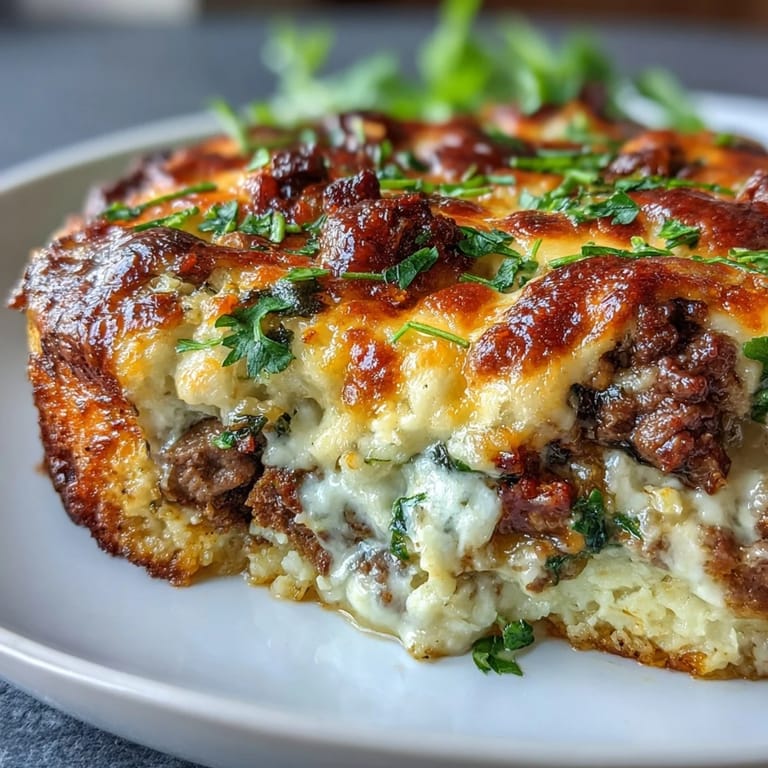 Spoon lifting a cheesy portion of Keto Philly Cheesesteak Casserole with Cauliflower Rice, revealing tender beef and colorful peppers inside.