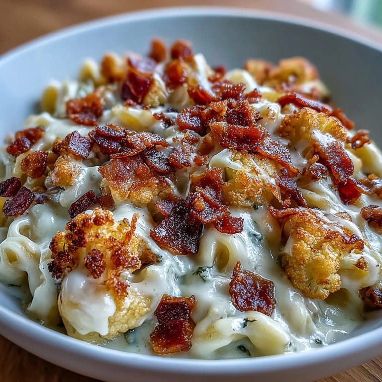 Roasted cauliflower florets smothered in rich cheese sauce and topped with smoky bacon crumbs in this keto-friendly mac and cheese.