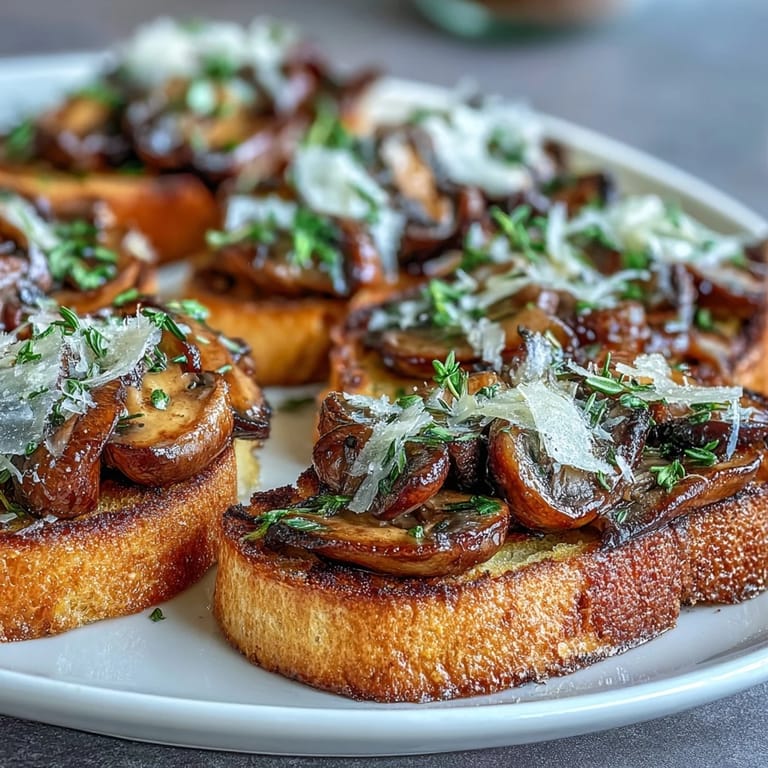 Crispy baguette slices topped with golden sautéed wild mushrooms, garlic, and fresh thyme.  