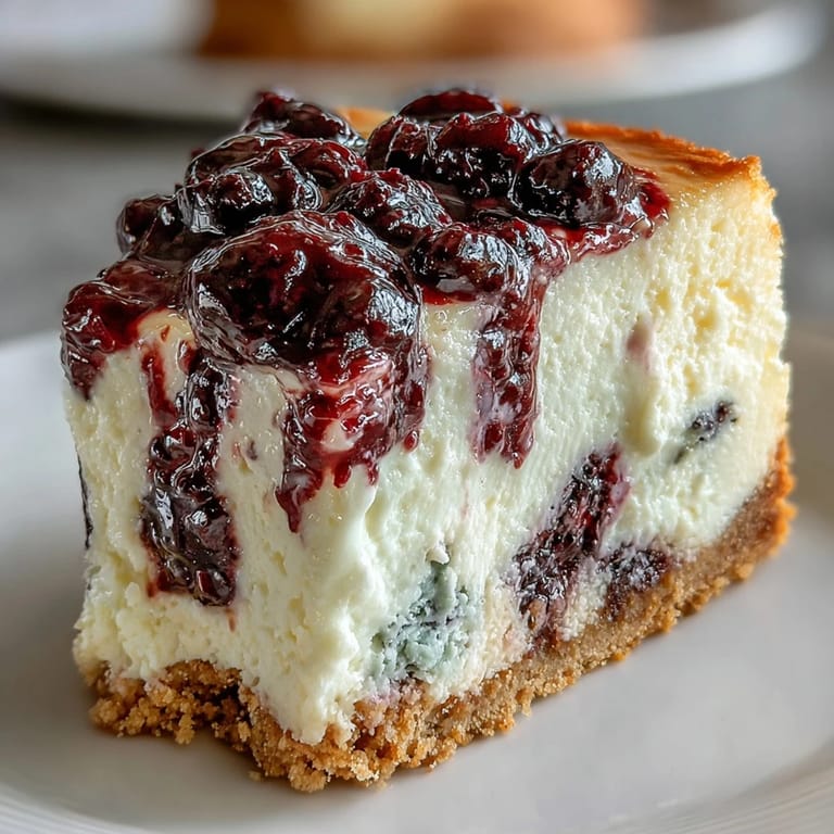 Elegant black currant cheesecake, featuring a marbled swirl of tart berry compote atop a golden, crumbly crust. A sophisticated dessert for any celebration.