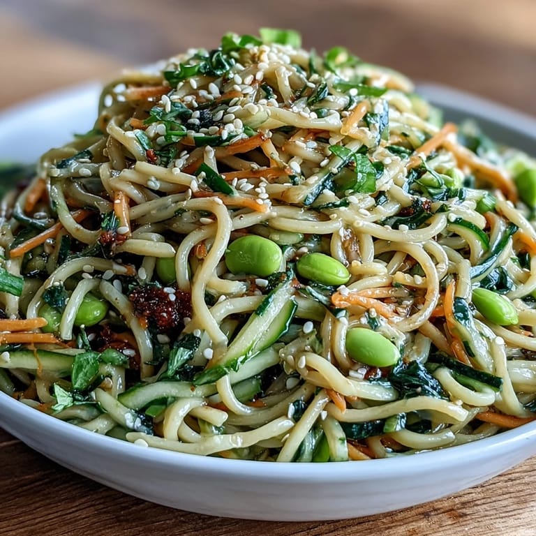A vibrant Asian-inspired Sesame Ginger Noodle Bowl featuring julienned vegetables, chilled soba noodles, and a nutty sesame dressing.  