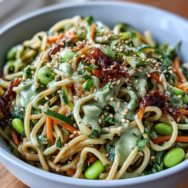 Creamy sesame-ginger dressed noodles with crisp cucumber, sweet carrots, and protein-rich edamame, topped with toasted sesame seeds for crunch.
