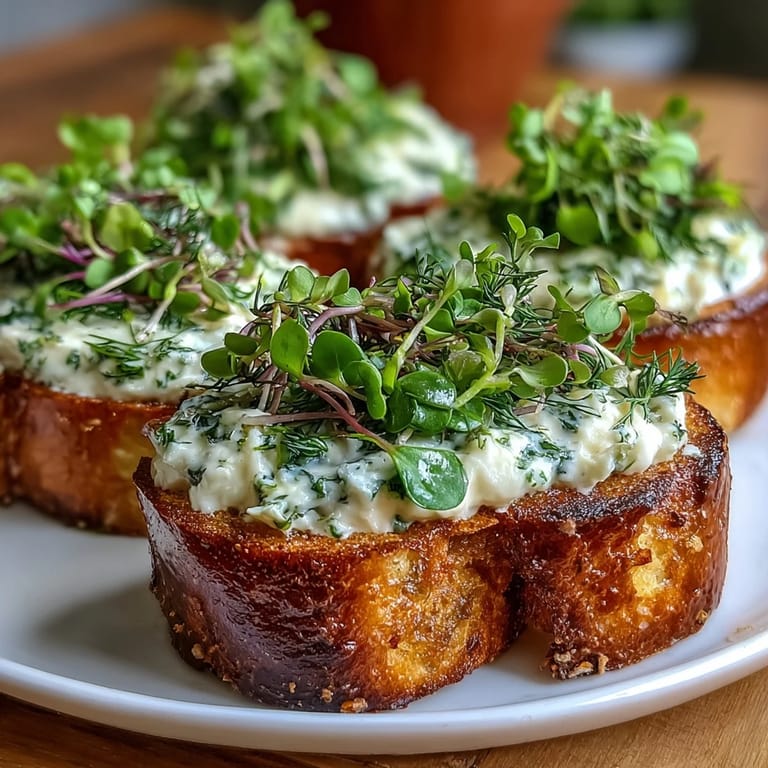 Crispy baguette slices layered with rich cream cheese spread and vibrant herbs, perfect for easy entertaining.  