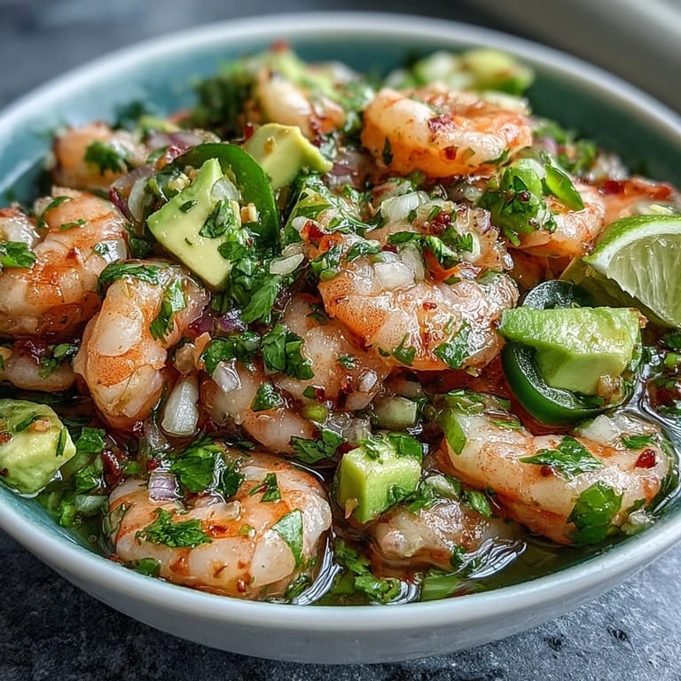 Fresh raw shrimp marinated in lime juice, spiced with chilli and garlic, mixed with diced cucumber, avocado, and cilantro for a vibrant appetizer.  