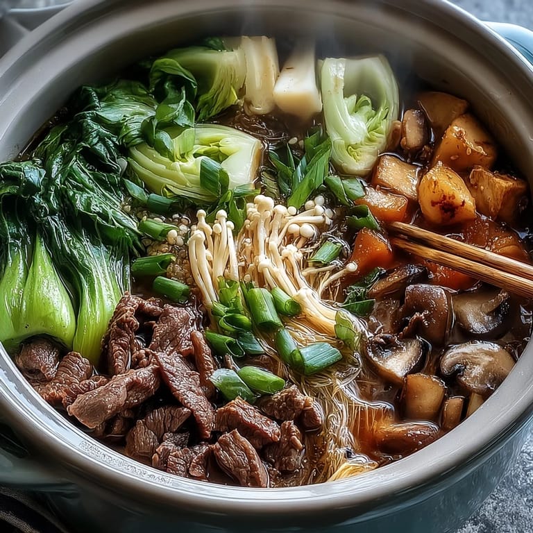 A variety of fresh ingredients including sliced meats, seafood, and vegetables arranged beautifully for an Asian hot pot meal.